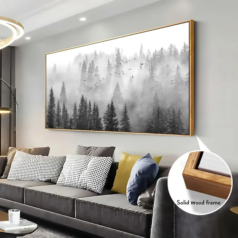 

Majestic Foggy Forest Canvas Wall Art - Beautifully Framed & Ready to Hang - Monochromatic Elegance for Bedroom, Living Room