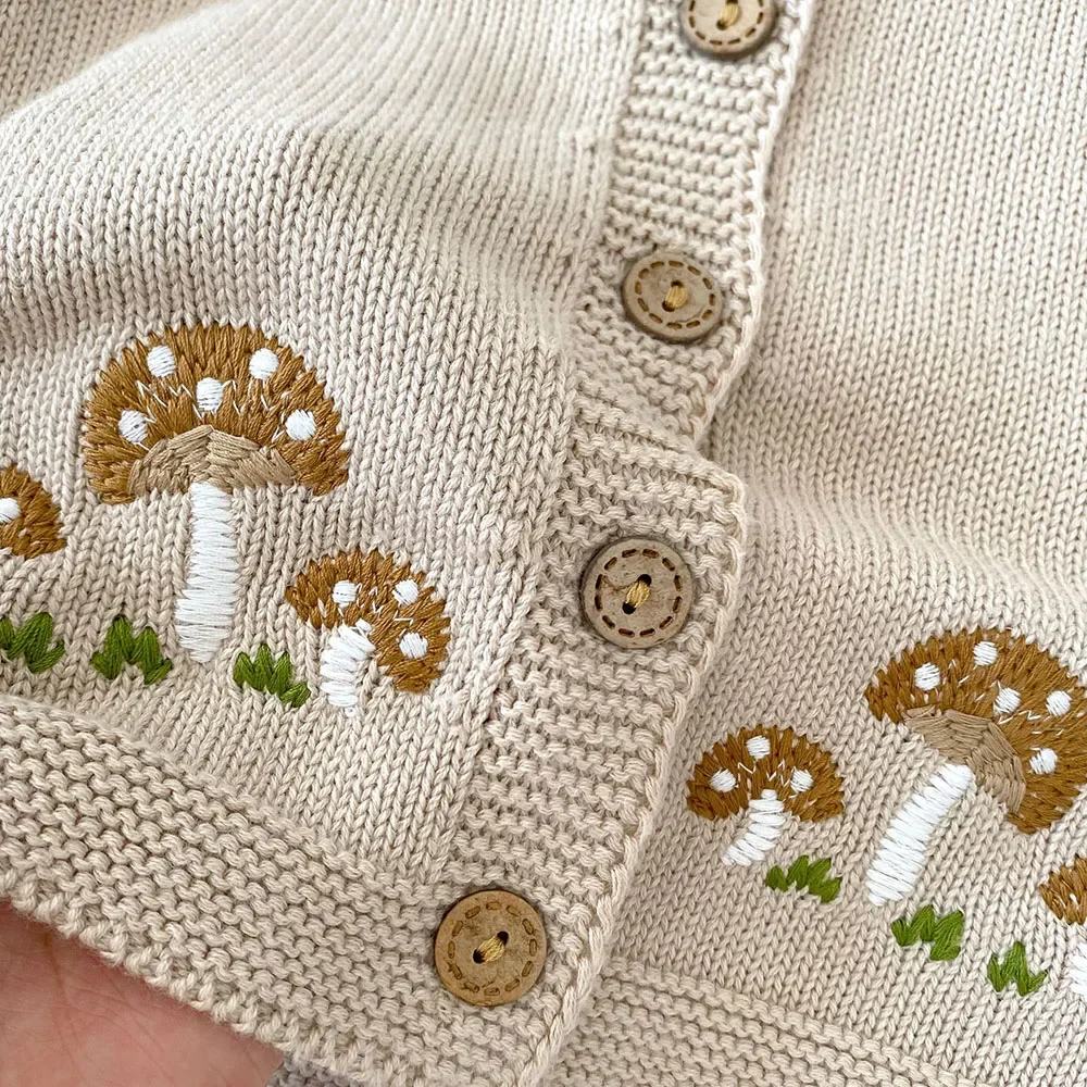 New 2024 Autumn Baby Sweaters 0-3Y Cute Mushroom Embroidery Girls Knitted Cardigans Coat Single Breast O-Neck Infant Sweater Top