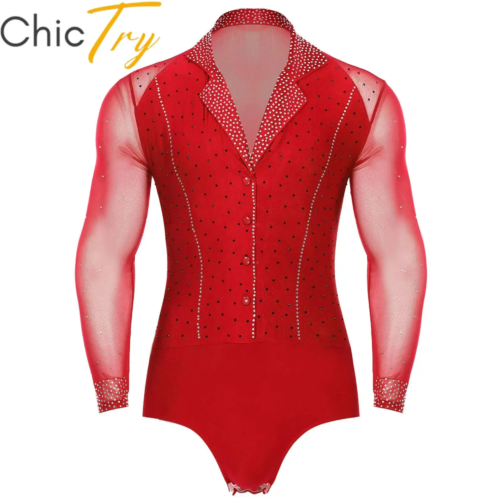 Mens Rhinestone Dance Shirts Unitard Ballroom Costumes Modern Latin Tango Rumba Chacha Long Sleeve Leotard Bodysuit Dancewear