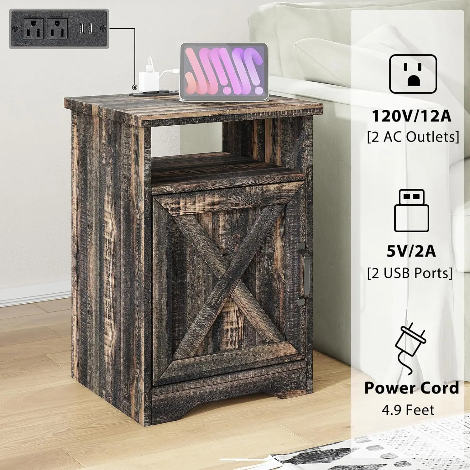 Ensemble de table de ferme comprenant porte de grange market, support TV, table basse et deux tables d'extrémité, table d'appoint avec station de charge, 4 pièces