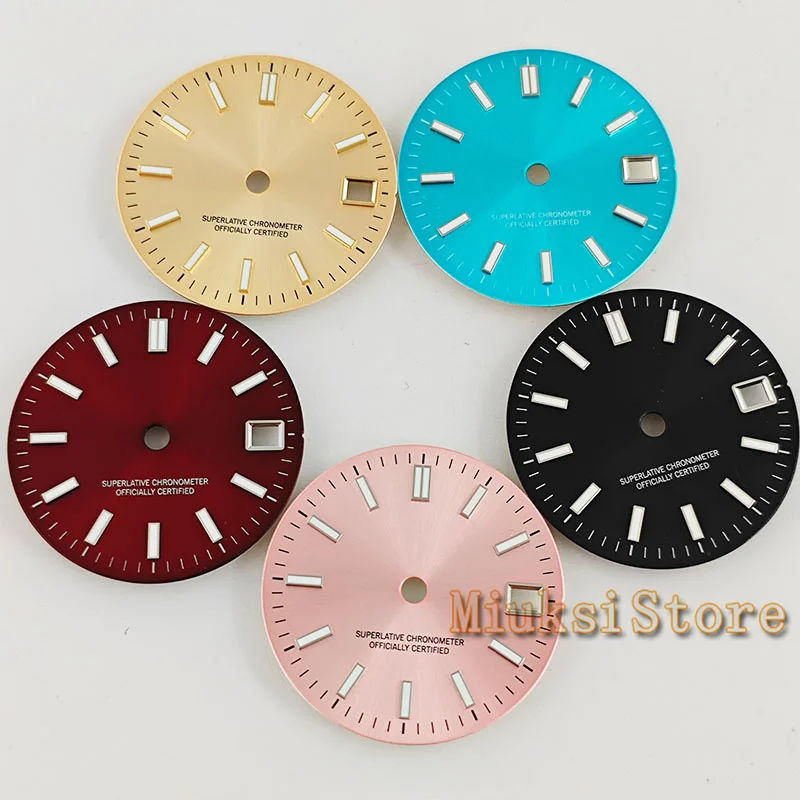 29mm Gold Blue Pink Black Red Watch Dial Green Luminous Fit NH35 Movement Fit 3 o\'clock crown 3.8 o\'clock crown