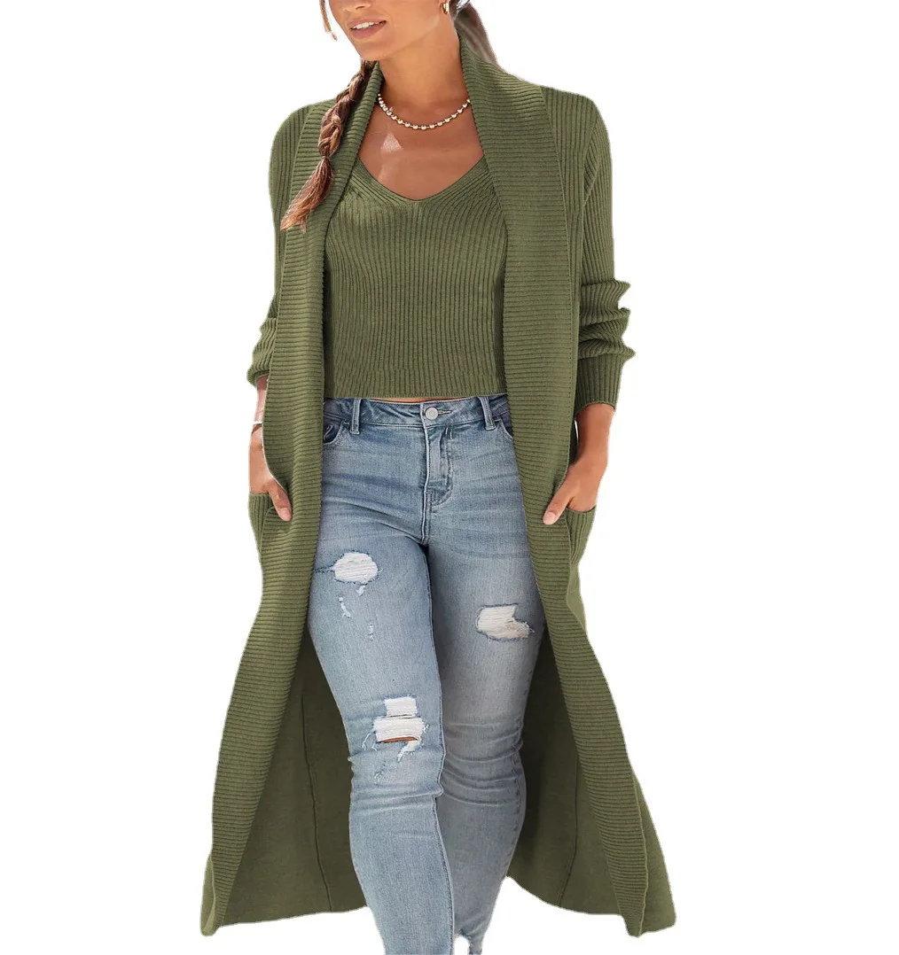 Women\'s S-3XL plus size Autumn/Winter Cardigan Windbreaker Coat Knitted Loose Sweater Two piece Solid Color Tank Top Set