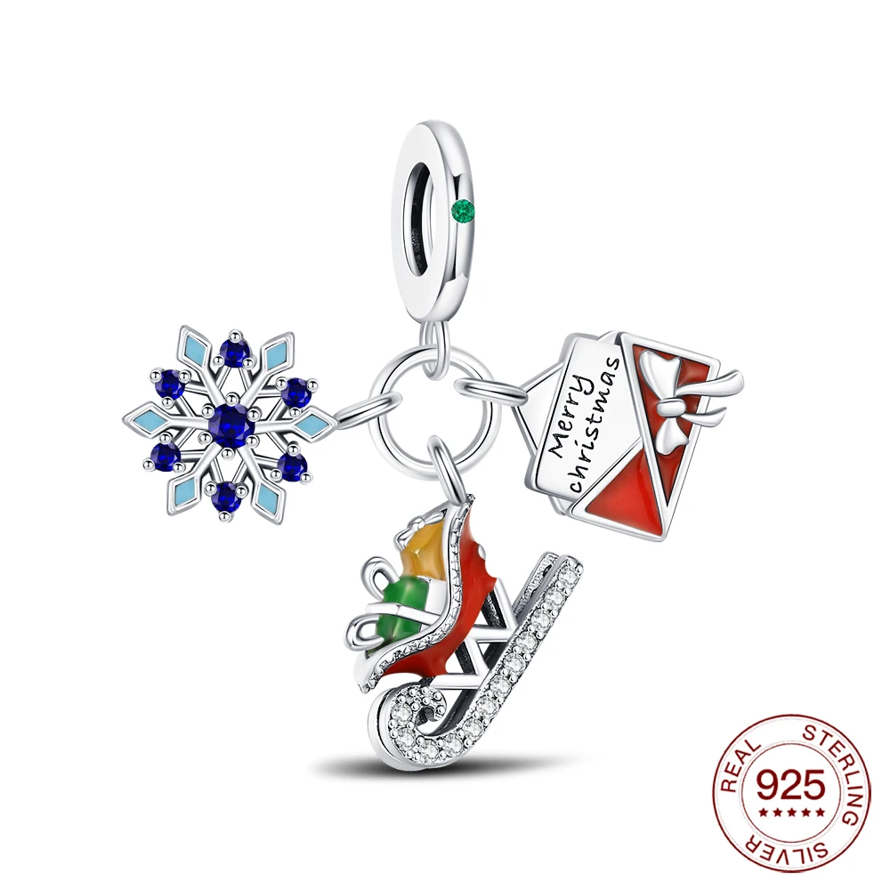New Charms 925 Sterling Silver Christmas Pendant Envelope Snowflake Beaded Original Bracelet DIY Jewelry Lover Holiday Hot Gift