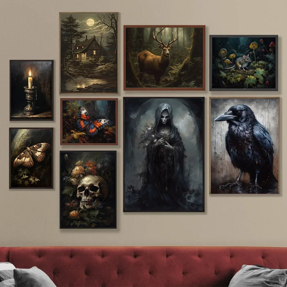 Dark Academia Art Haunted House Raven Poster Prints For Living Room Home Decor Gothic Ghost Skull Canvas Painting Wall Art