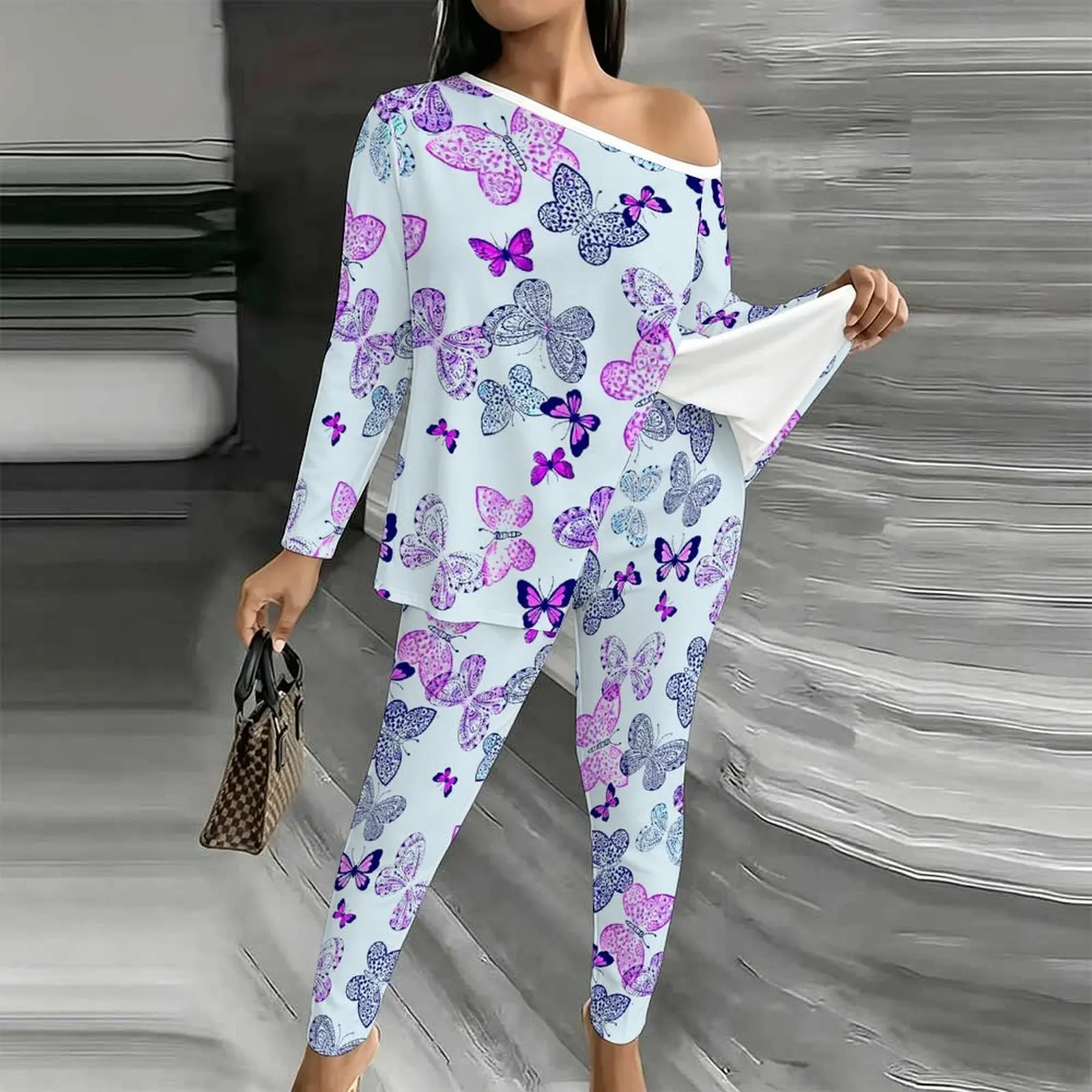 Off Shoulder T-shirt Elegant Two-piece Set Autumn Winter Diagonal Collar Long Sleeved Women's Fashion Printed Jogging Pants
