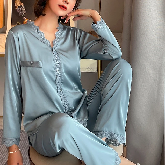 Nightwear Pyjamas Pajamas Set Satin Long Sleeve Women 2 Piece pjs sets Casual Lace Sleepwear Shirt&Pants Silky Intimate Lingerie