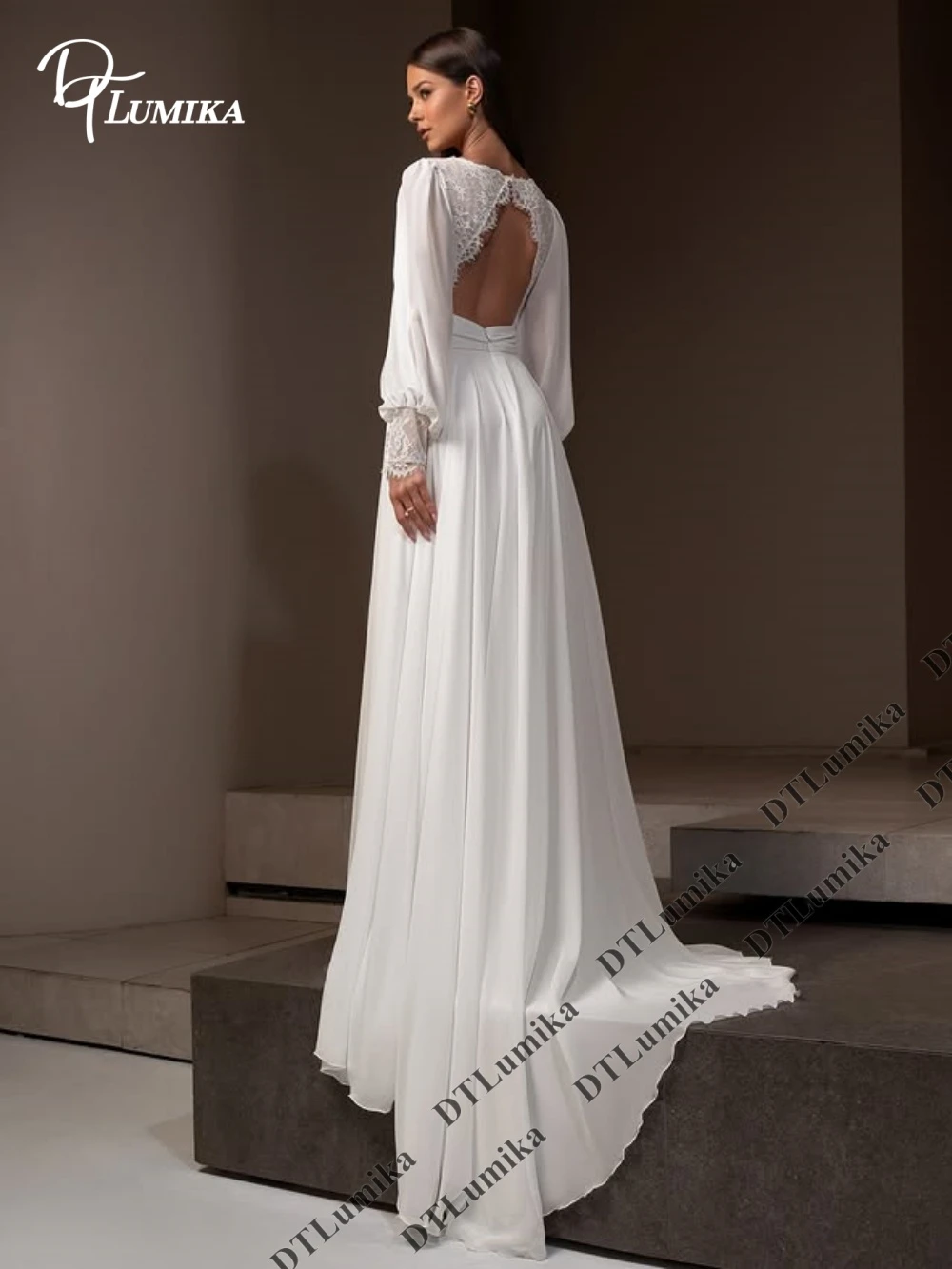 DTLumika Flowy Chiffon Wedding Gown Open Back Long Boho Bride Dresses Customized Full Sleeves Boho Bridal Gown Lace Details