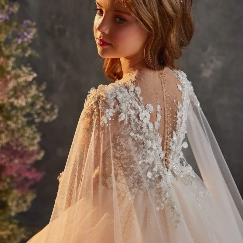 Champagne Flower Girl Dresses Tulle Diamond Appliques With Tailing Long Sleeve For Wedding Birthday Party Banquet Princess Gown