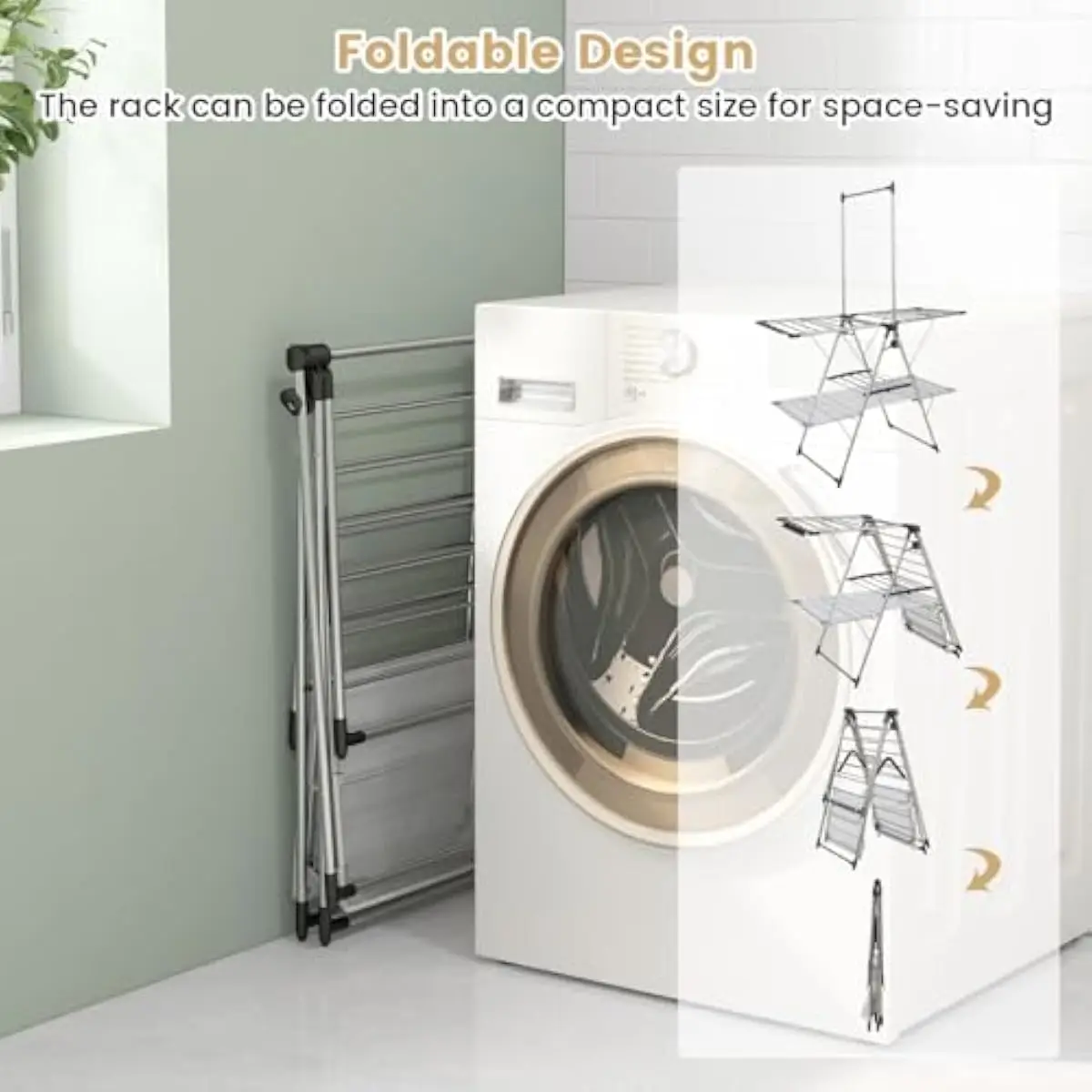 Foldable Stainless Steel Drying Rack with 6-Step Height Adjustment 27.5 to 55 Inches Upper Wings 11 to 22 Inches Lower Wings Com