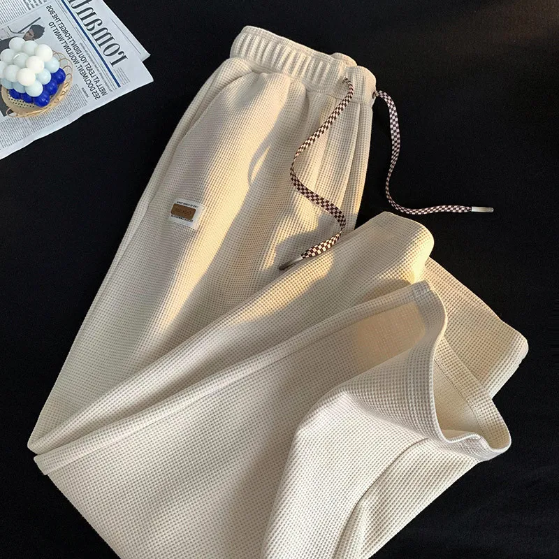 メンズヒップホップワッフルスポーツパンツ-ルーズストレートレッグ-裏起毛カジュアルパンツ-ストリートスタイル-トレンド-ラベル付き