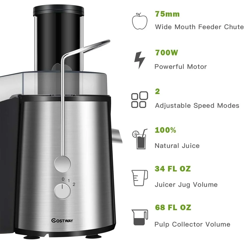 75MM Wide Mouth Stainless Steel Juicer 2-Speed Masticating Juice Extractor Easy to Clean High Nutrient Retention Fruit Machine