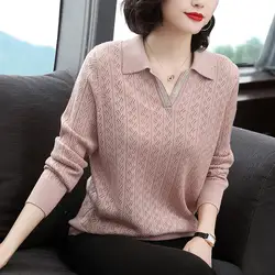 2023 Autumn/Winter New Wide Show Thin Loose Polo Neck Long Sleeve Solid Loose Comfortable Leisure Office Lady Color Female Knit