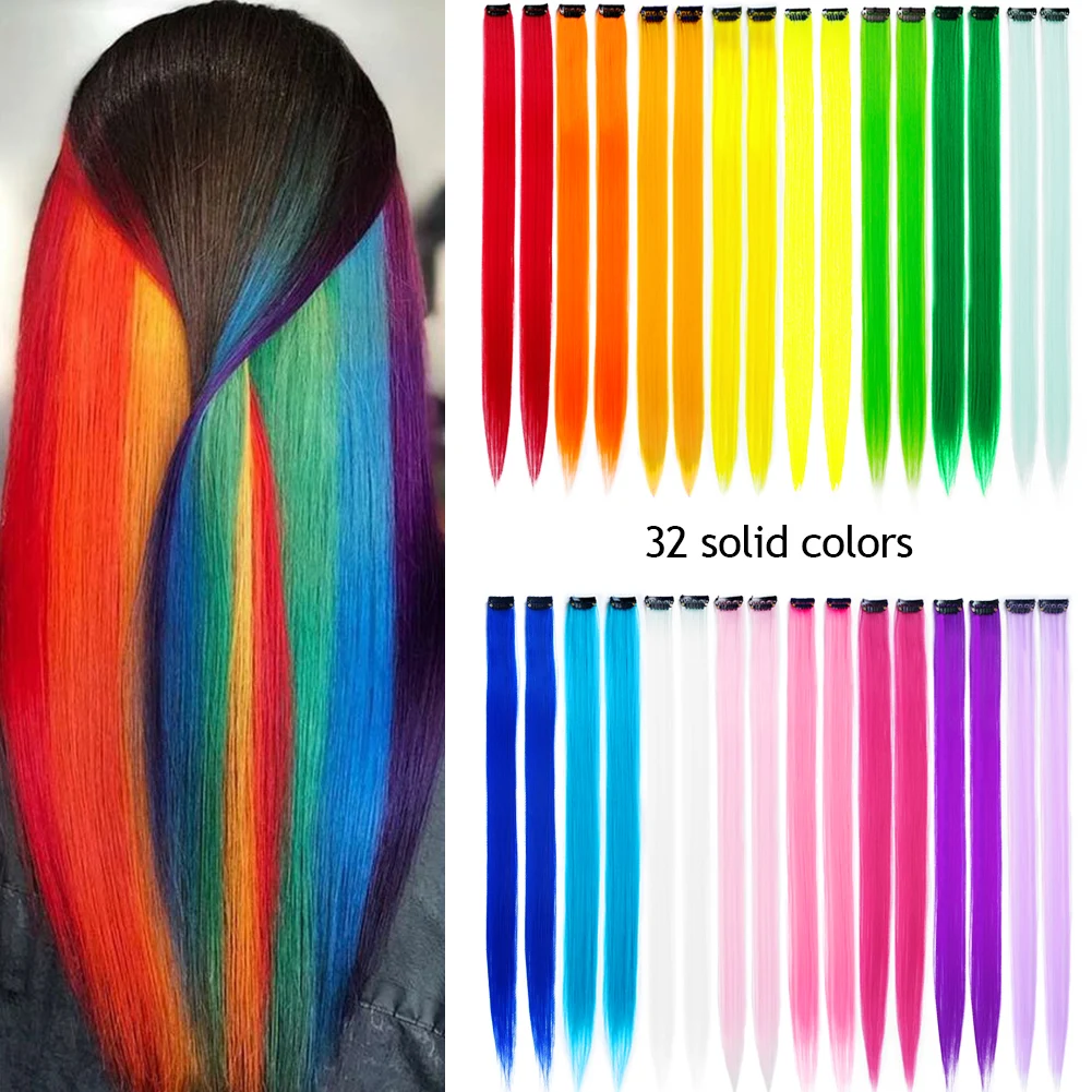 18 Colors Clip In One Piece Colored Hair Extensions 22 Inch Colorful Rainbow Synthetic Hair Party Highlights For Women and Kids