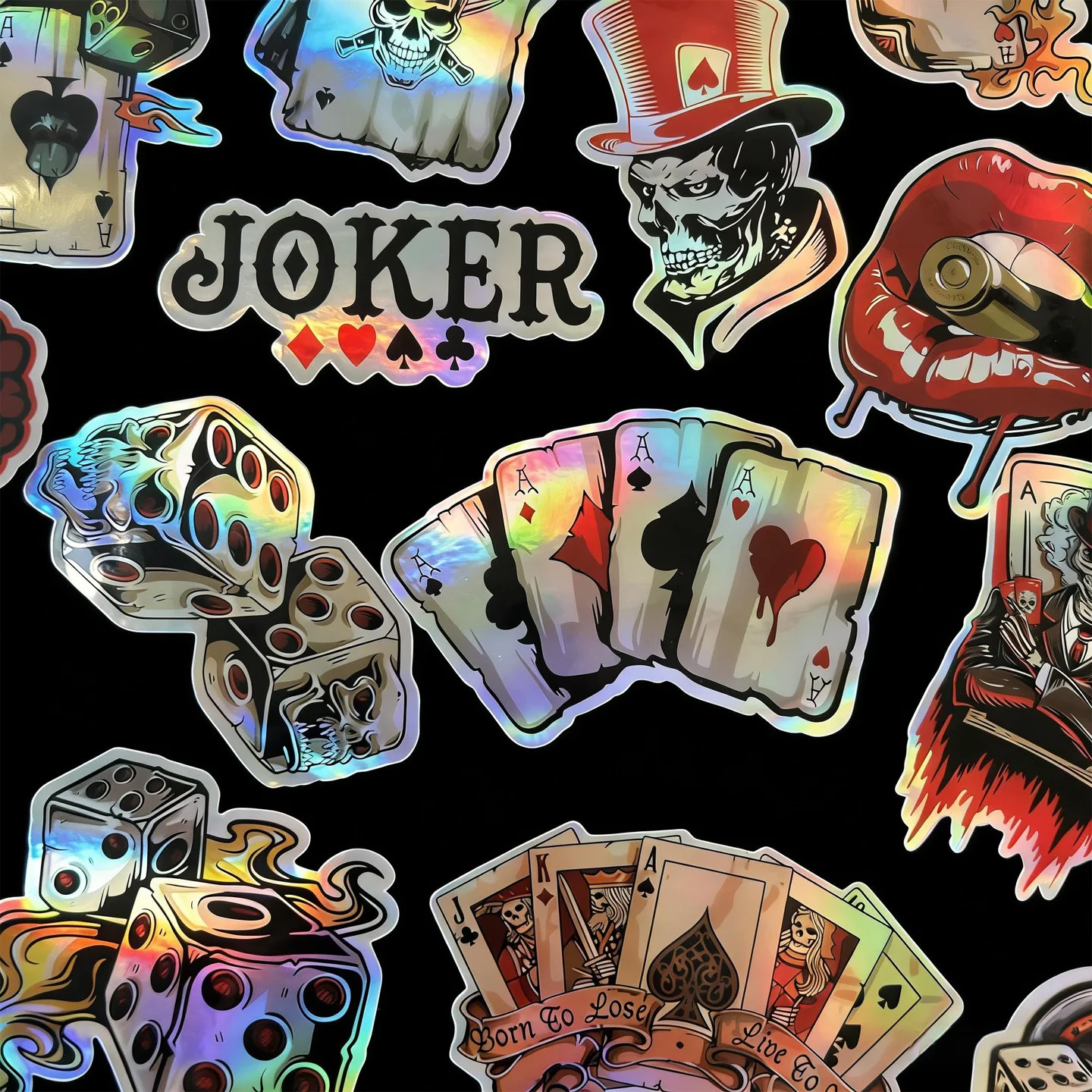30PCS Random Joker Poker Laser Rainbow Motorcycle Stickers Moto Bike Scooter Helmet Body Vinyl Holographic Decals Accessories