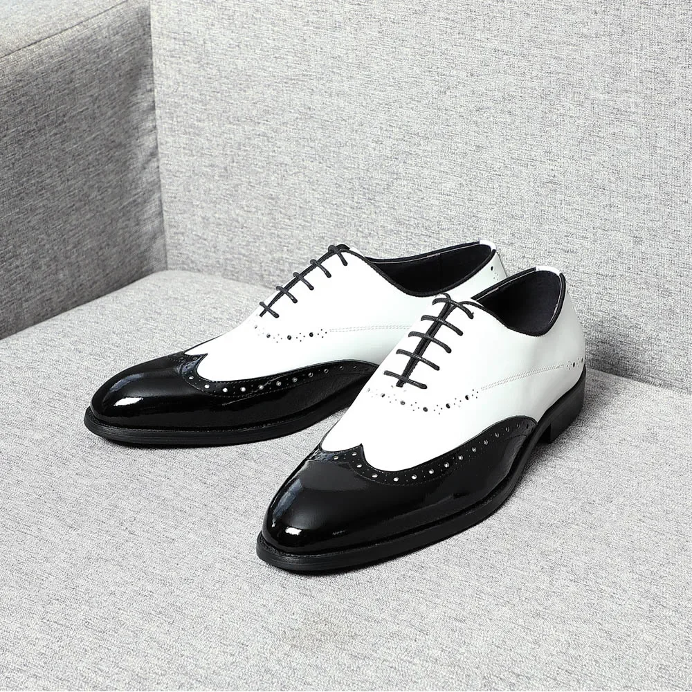 Elegant Man Dress Shoes White Black Genuine Leather Oxfords Wedding Party Social Shoes Male Wingtip Brogue Oxford Shoes for Men