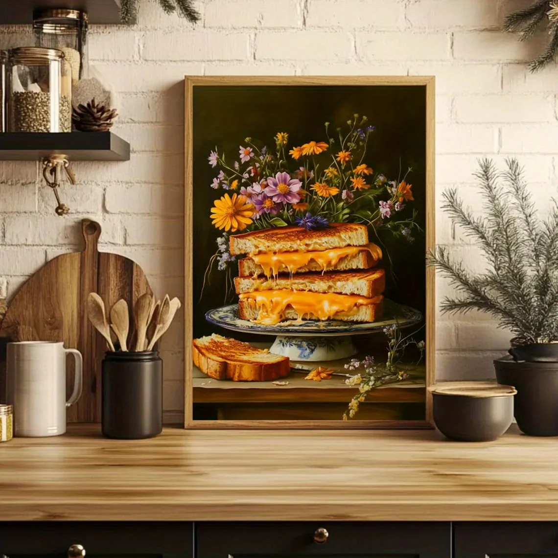 Retro Posters Grilled Cheese Works Food Themed Floral Canvas Paintings Wall Aesthetic Decorations Kitchen Dining Room Home Decor