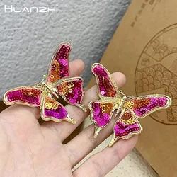 HUANZHI Pink Sequin Woven Butterfly Animal Shaped Large Stud Earrings for Women Girls Exaggerated Alloy Jewelry 2023 Summer New