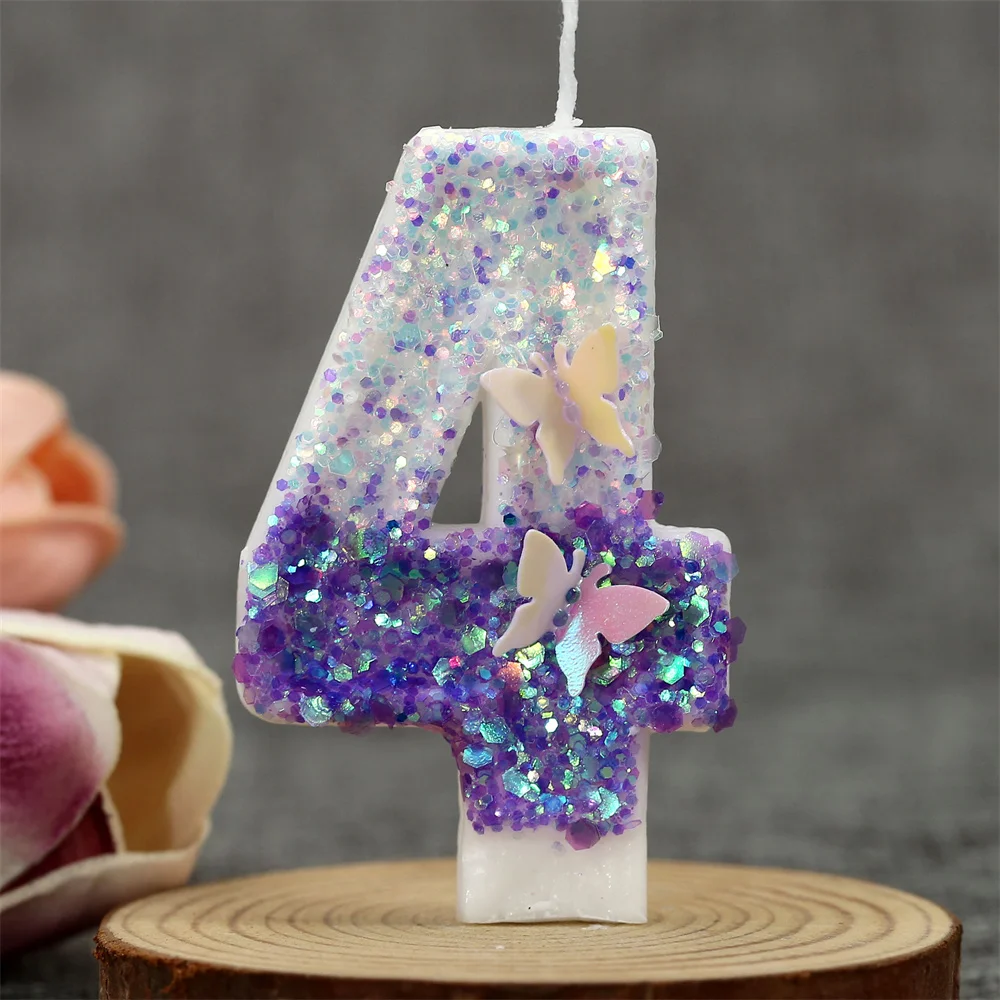 1pcs Purple Glitter Butterfly Theme Candle 0-9 Number Cake Topper Wedding Decor Baby Shower Kid Birthday Party Decor