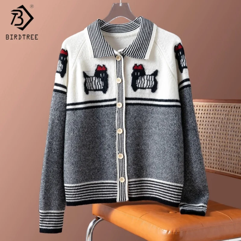 

Birdtree,100% Sheep Wool Knitted Sweater,Woman Lapel Soft Tops,Single Breasted,2025 Autumn Winter Stripe Cardigan T5N505JF