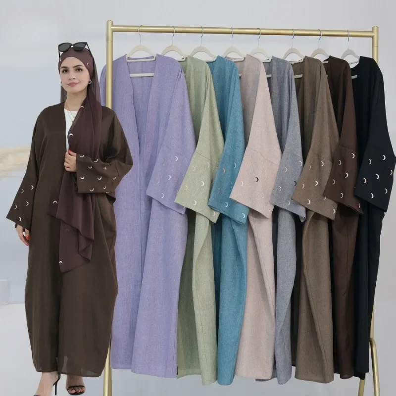 Moon Embroidery Linen Open Abaya EID Ramadan Islamic Clothing Women Kimono Cardigan Muslim Women's Robe