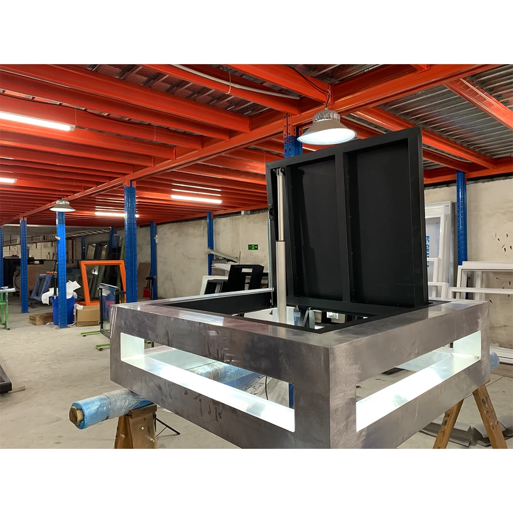 Automatic concealed floor hatch with LED opening sunshade, basement access door