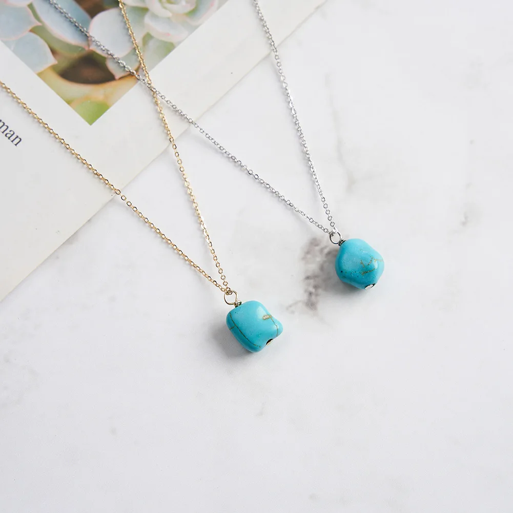 

Kiss Mandy 925 Sterling Silver Natural Blue Turquoise Necklace Irregural Turquoise Pendant Choker Chain Simple Jewelry GMN49