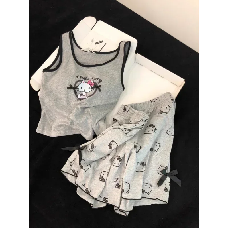 Mininstants Sanurgente Hello Kitty-Pyjama Décontracté Gris pour Femme, Vêtements de Nuit avec Nministériels ds Papillon, Ensemble 2 Pièces