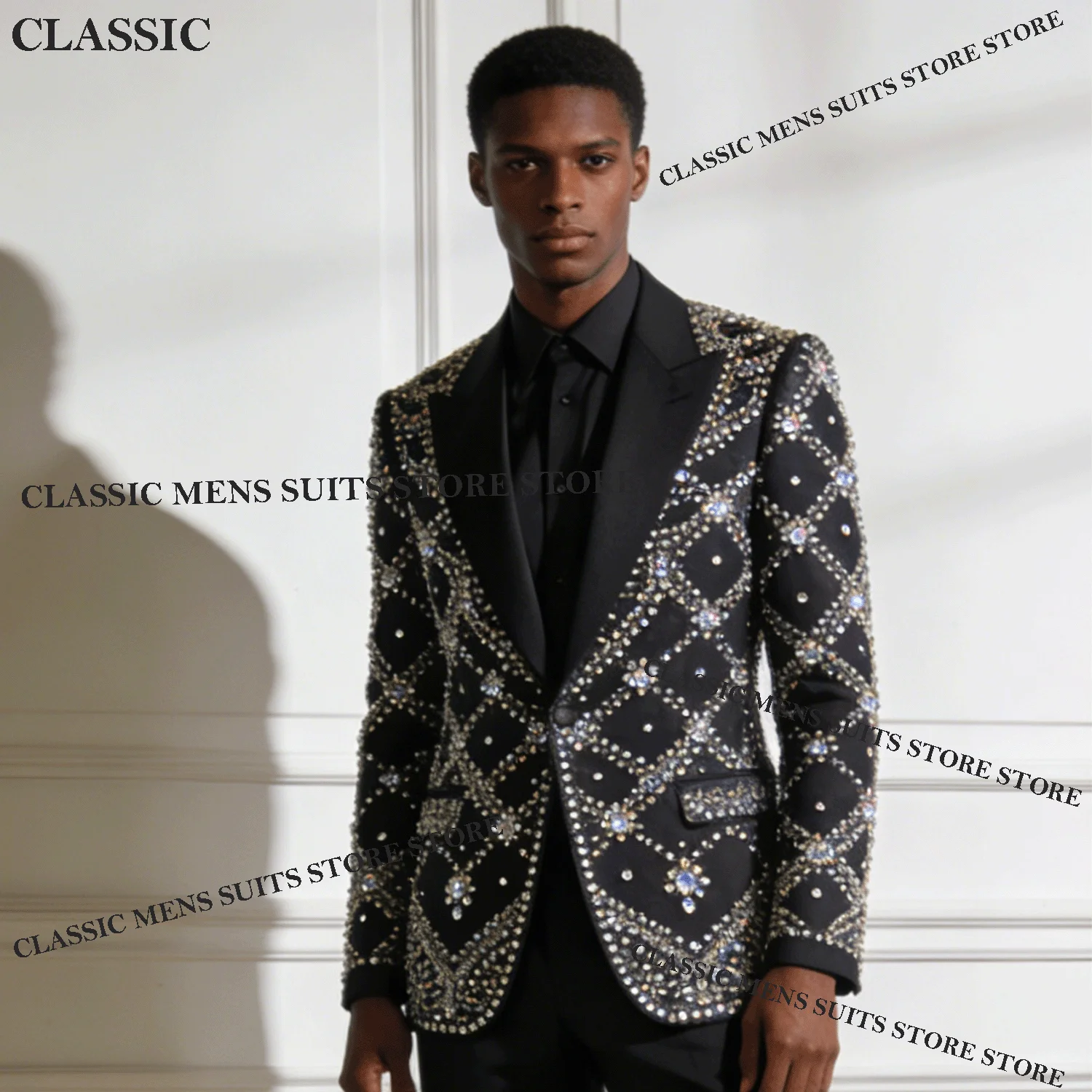 

Tuxedos Men Suits Sparkling Diamond Decoration Luxury Customized Peaked Lapel Groom 2 Pieces Set Wedding Male Prom Blazers suit