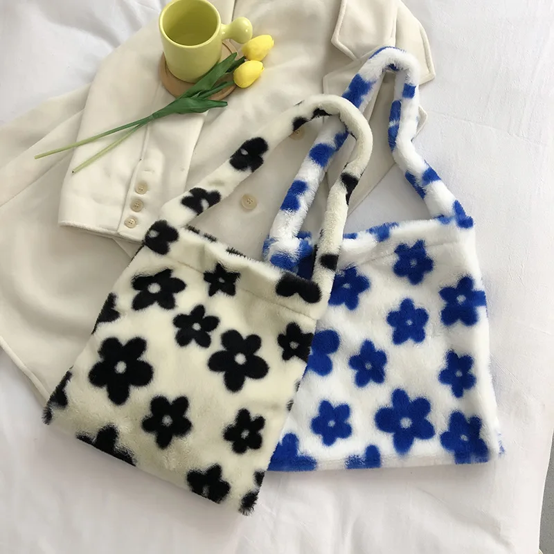 Soft Simple Flowers Fluffy Women's Bag 2024 New Spring and Summer Cute Korean Style Handbag Casual Minimalist Tote Wholesale