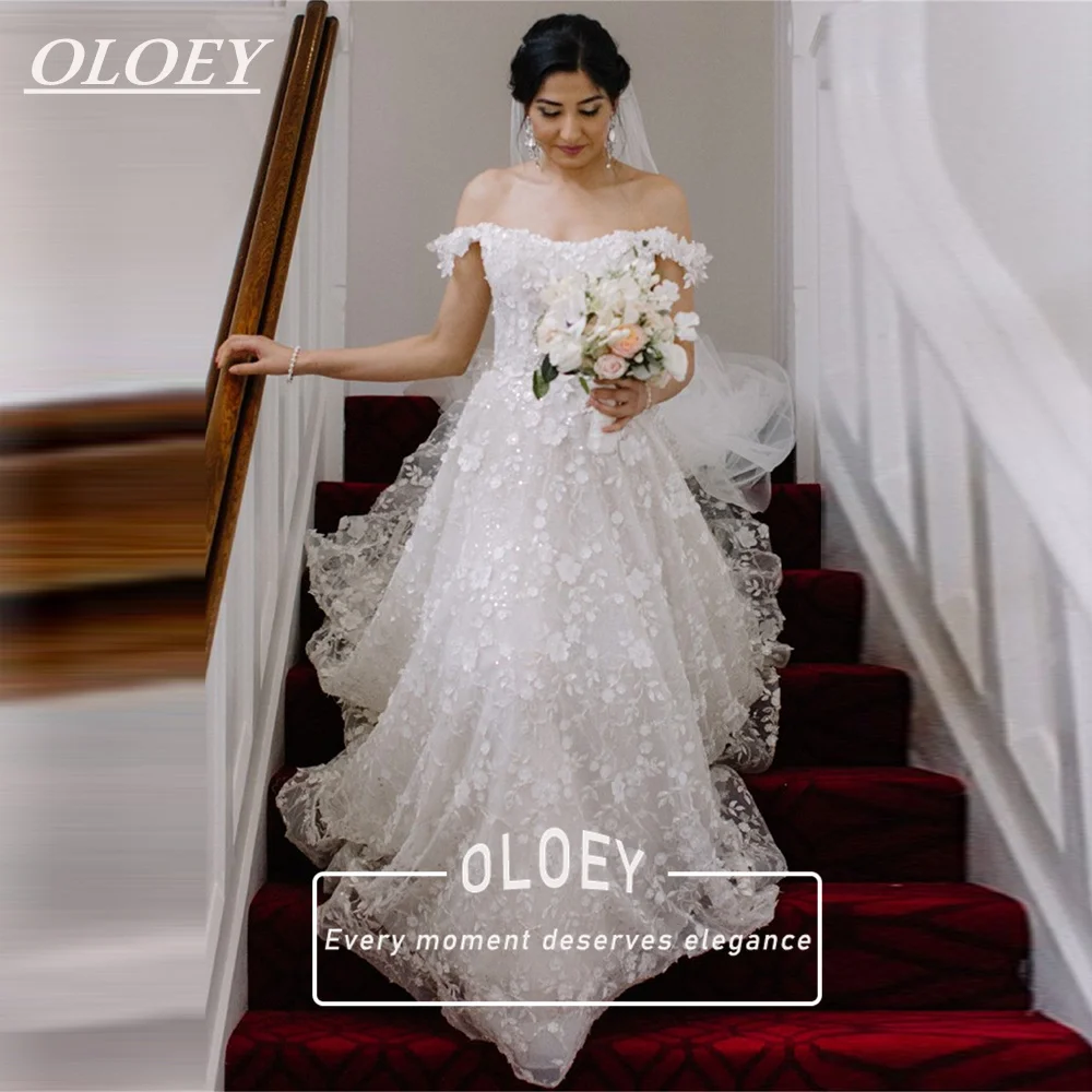 

Роскошное свадебное платье OLOEY с 3D-пайетками и кружевом, с открытыми плечами, А-силуэта, на шнуровке, со шлейфом, индивидуальный пошив, Robe De Mariage