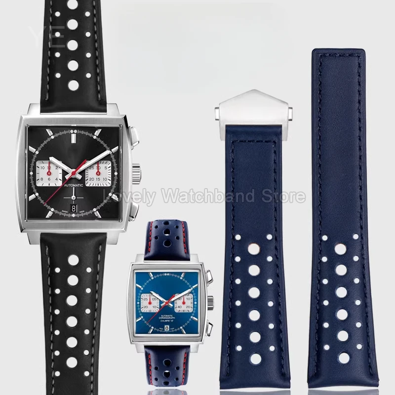 22mm for Tag Heuer Carrera Heritage Monaco Series Breathable Design Large Hole Cowhide Watchband Solid Steel Folding Buckle 22mm