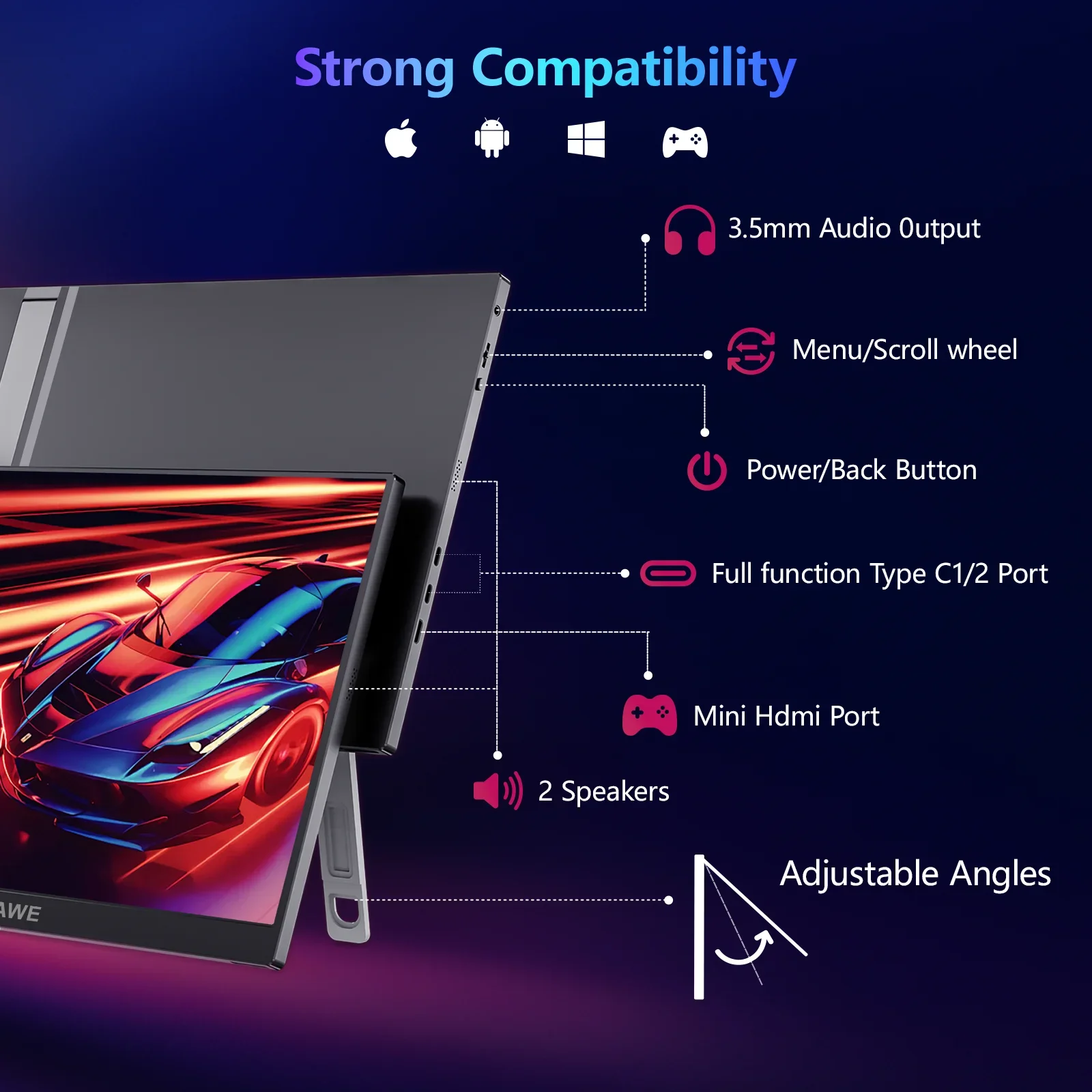 16 "120HZ Gaming Afor Laptop, Layar PC 16 Inci 1200P IPS LCD FHD Layar Komputer Kedua Eksternal untuk Ponsel