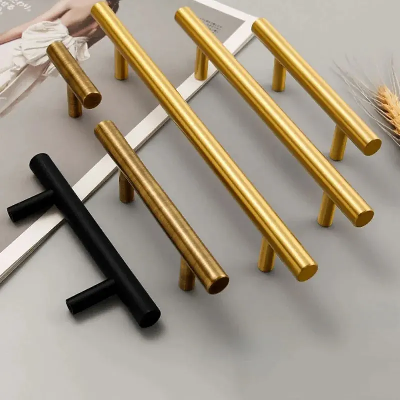 Solid Brass T Bar Cabinet Handles and Knobs Matte Black Longer Wardrobe Pulls Minimalist Kitchen Accessories Furniture Hardware