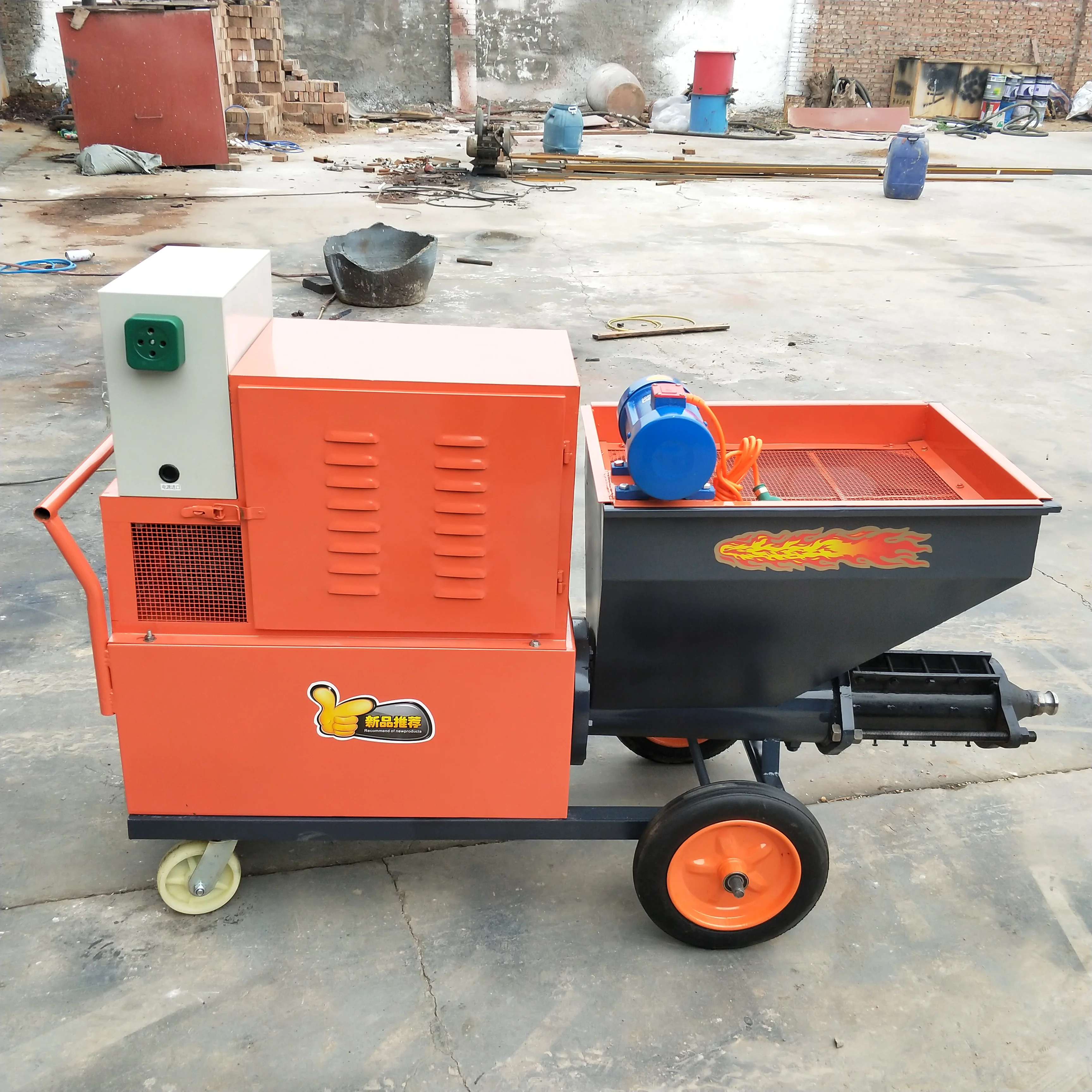 Stable Mortar Spraying Machine with Low Center of Gravity for Safe Operation on Uneven Terrain