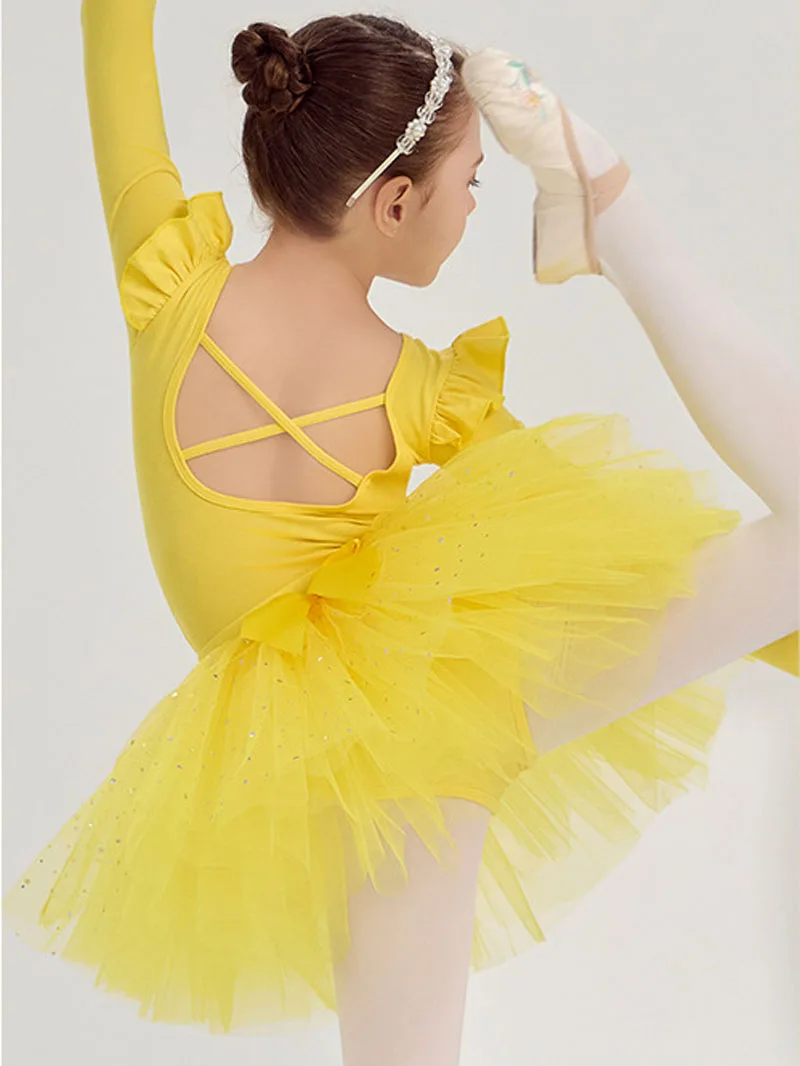 

Балетные трико для маленьких девочек с блестящей пачкой, 4 слоя, многоуровневый бант, короткие, с длинными рукавами, танцевальные костюмы балерины, гимнастические