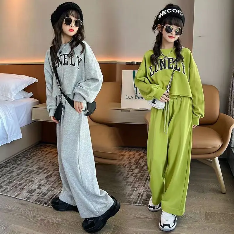 Kids Girls Clothing Sets 2024 Fashion Autumn Long Sleeve T-shirts + Wide Leg Pants 2PCS Children\'s Clothes Teen 8 10 12 14 Year