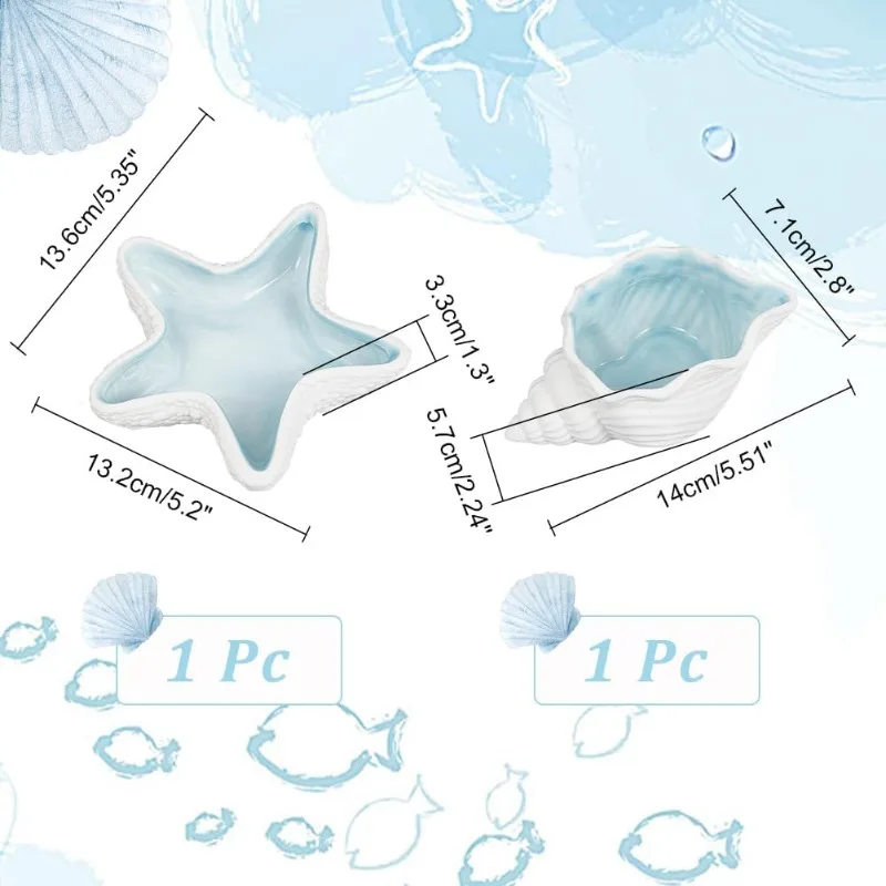 2 Pcs Ceramic Jewelry Tray Conch Starfish Shape Aqua Shell Trinket Dish Ceramic Ring Earring Holder Ocean-themed Decorative