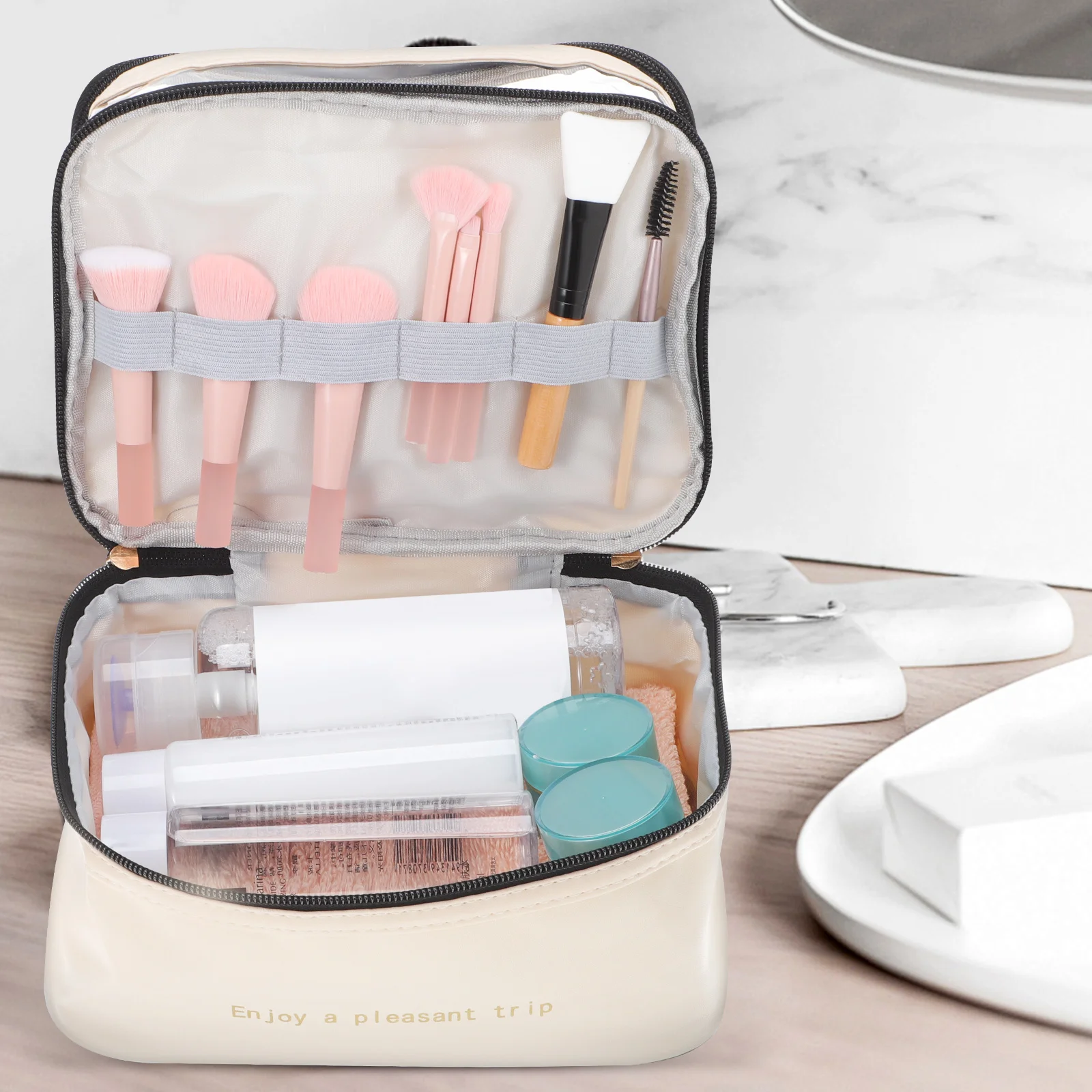 

Double Layer Travel Makeup Bag Large Capacity Water-Resistant Toiletry Organizer Pouch Handle Elastic Brush Holders