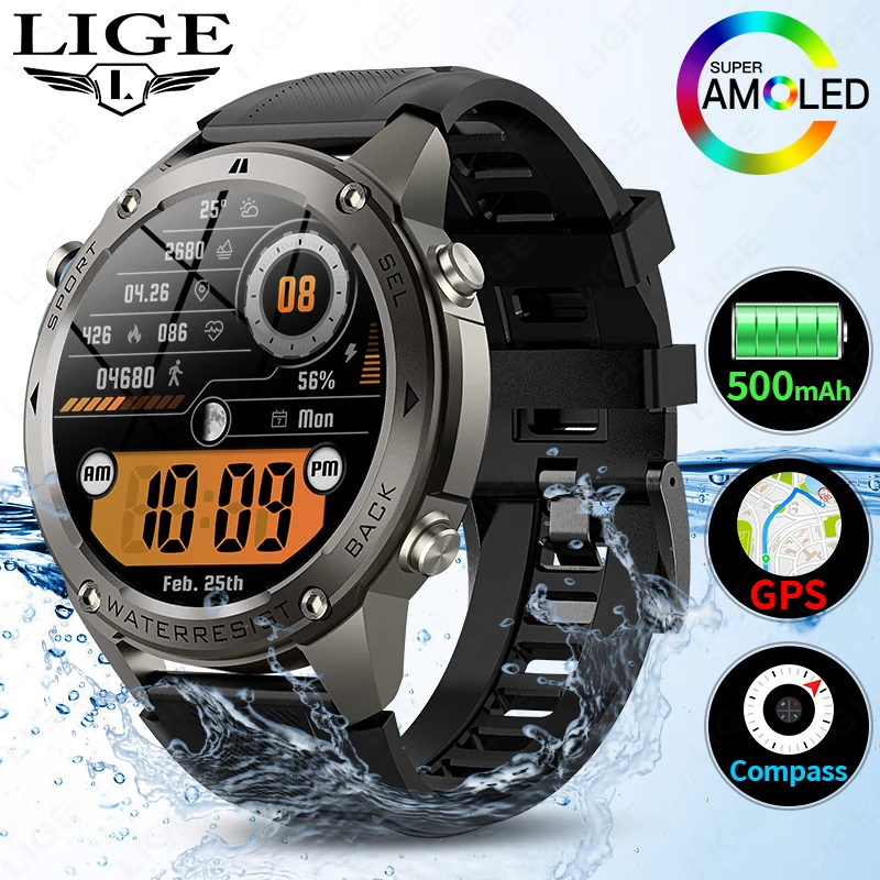 

2026 GPS 5ATM Waterproof Smart Watch New 1.43" AMOLED Screen Compass Heart Rate Fitness Tracker Outdoor Sports Smartwatch Men