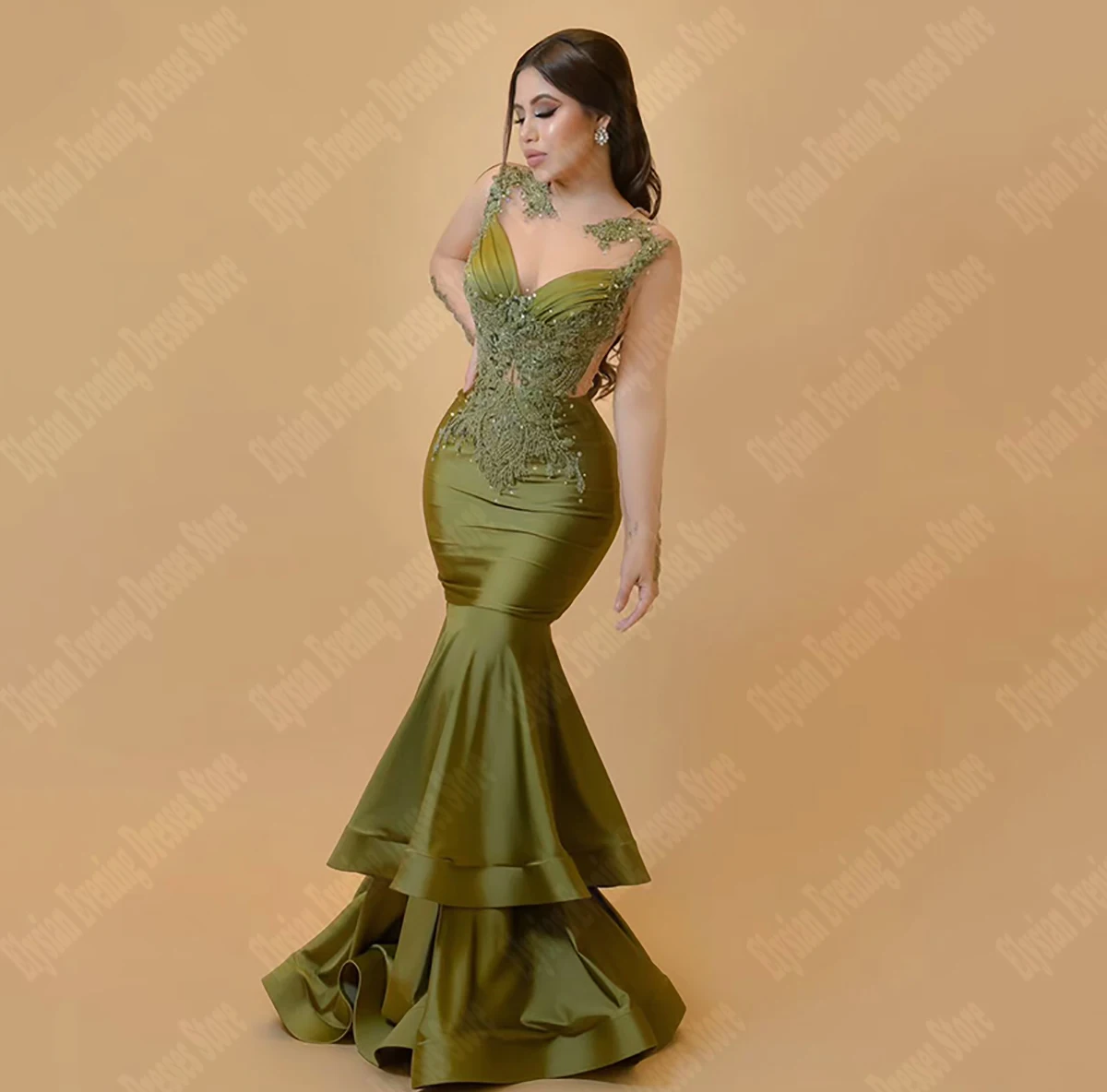 2025 Classic Green Satin Evening Dresses Appliques Women Formal Party Customized Prom Gowns Charming Tiered Vestidos De Noche