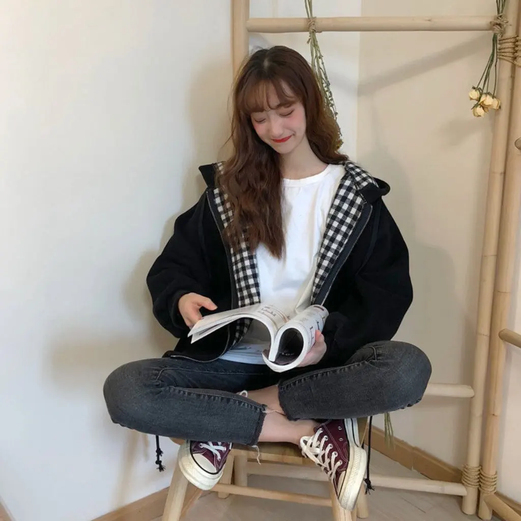 

Women's Korean Style Loose Thin Jacket Autumn Spring Plaid Trendy Harajuku Style Versatile Student Clothing