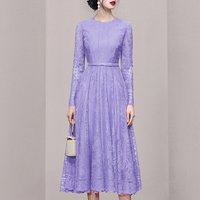 2024 Elegant Women Round Collar Purple Lace Long Dress Vintage Fashion Spring Long Sleeve Hollow Out High Waist Party Midi Dress