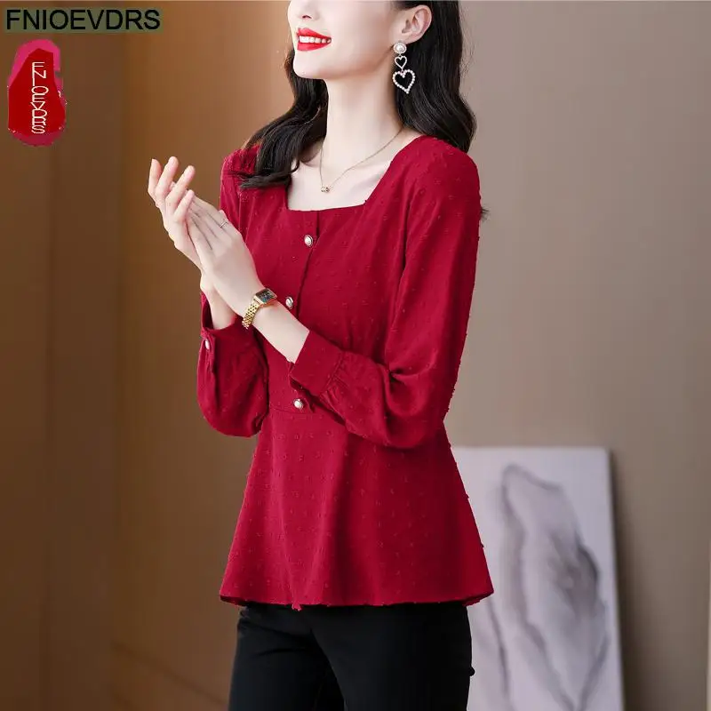 S-3XL 2023 Women Autumn Basic Wear Elegant Office Lady Work Button Shirt Casual Red Retro Vintage Peplum Tops And Blouses