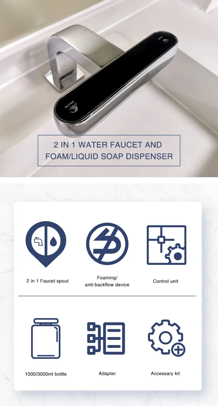 Luxury 2 in 1 desk mounted brass faucet and foam automatic sink soap dispenser with 1L/3L bottle