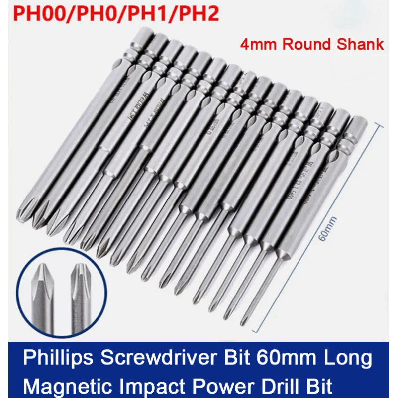 

4mm Round Shank Phillips Screwdriver Bit 60mm PH00/PH0/PH1/PH2 Magnetic Impact Power Drill Bit S2 Steel Length 60mm