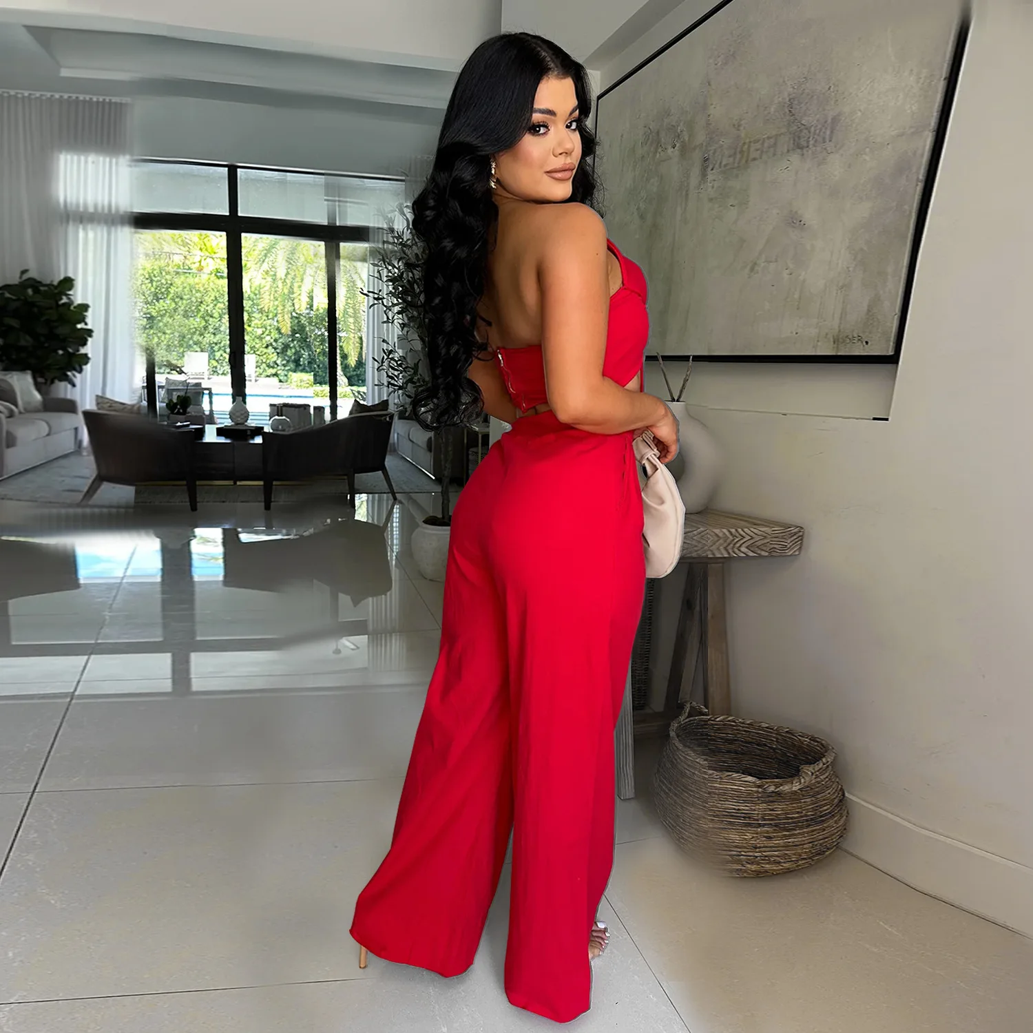 시스터 스타 패션 캐주얼 여성 섹시 리본 캐주얼 팬츠 수트 도매 기질 출퇴근 외출 휴가 투피스 세트