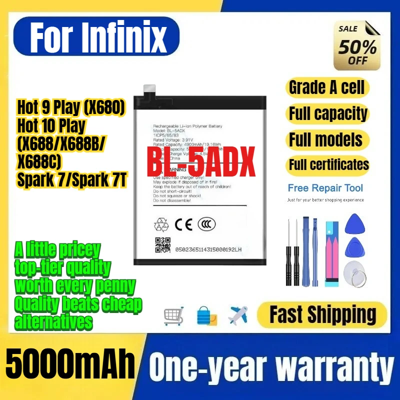 BL-5ADX for Infinix Tecno Hot 9 Play (X680)/Hot 10 Play (X688/X688B/X688C)/Spark 7/Spark 7T Phone Battery Replacement Bateria