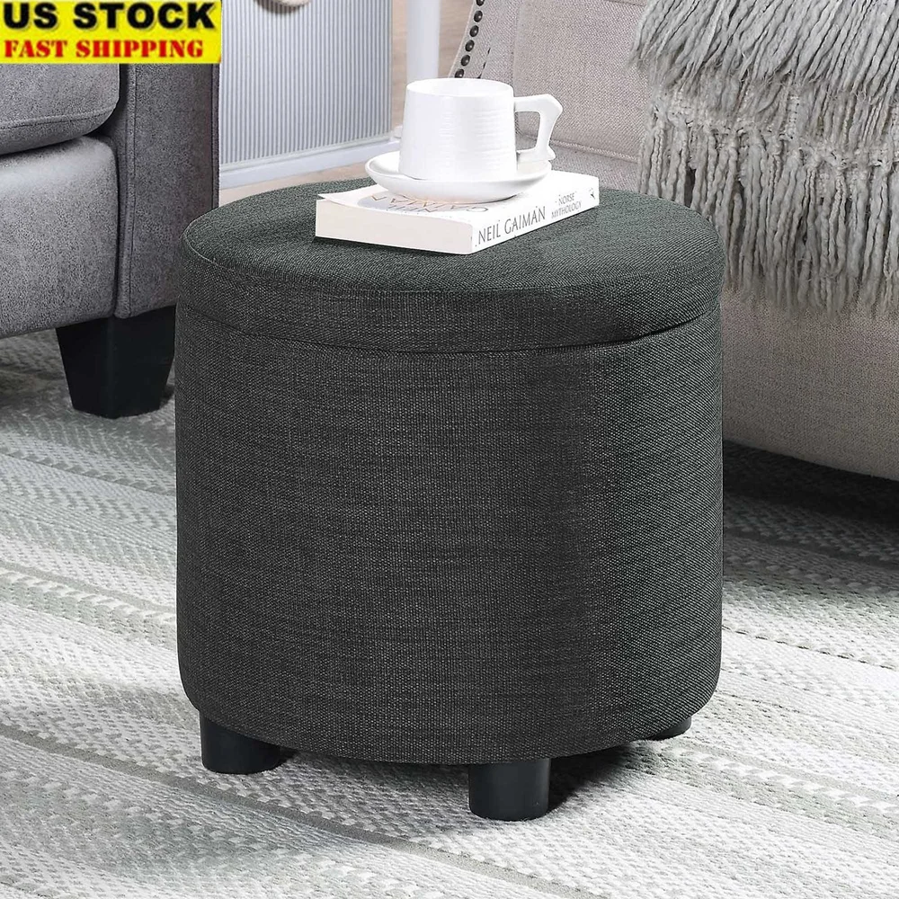 

Round Storage Ottoman with Reversible Tray Lid Indoor Multifunctional Accent Table Easy Assembly Durable Foam Cushioning Modern