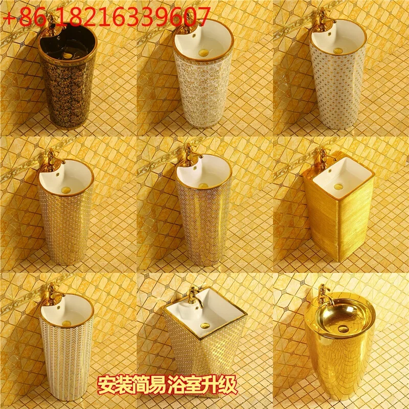 

Новый роскошный цветной цельный умывальник с золотой колонной для дома, ванной комнаты, цветное керамическое золотое покрытие