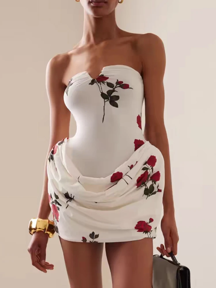 

Retro print sexy off-the-shoulder strapless cinched waist dress 2025 summer women's fashion drape pleat tight body-hugging dress